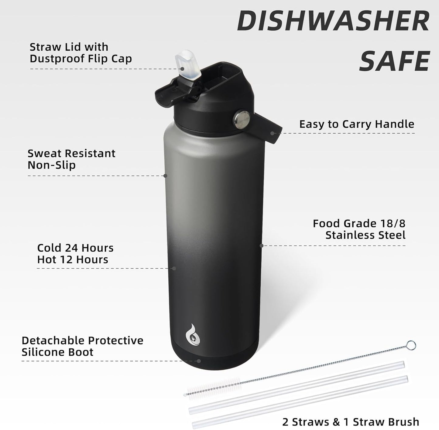 12oz Insulated Water Bottle, Stainless Steel Bottle with Straw Lid | Soft Silicone Nozzle, Keep Cold & Hot, Leak-Proof BPA-Free Metal Bottle with Flex Handle for Travel, Gym & Everyday Hydration