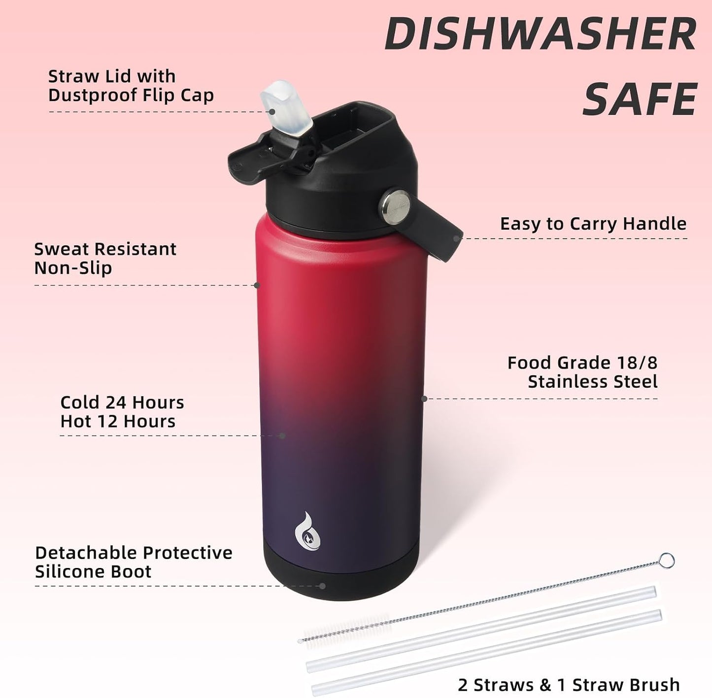 12oz Insulated Water Bottle, Stainless Steel Bottle with Straw Lid | Soft Silicone Nozzle, Keep Cold & Hot, Leak-Proof BPA-Free Metal Bottle with Flex Handle for Travel, Gym & Everyday Hydration
