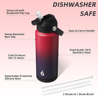 12oz Insulated Water Bottle, Stainless Steel Bottle with Straw Lid | Soft Silicone Nozzle, Keep Cold & Hot, Leak-Proof BPA-Free Metal Bottle with Flex Handle for Travel, Gym & Everyday Hydration