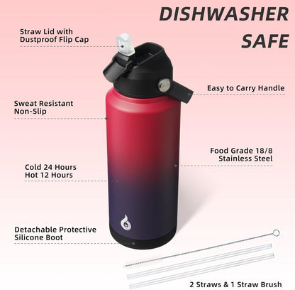 12oz Insulated Water Bottle, Stainless Steel Bottle with Straw Lid | Soft Silicone Nozzle, Keep Cold & Hot, Leak-Proof BPA-Free Metal Bottle with Flex Handle for Travel, Gym & Everyday Hydration
