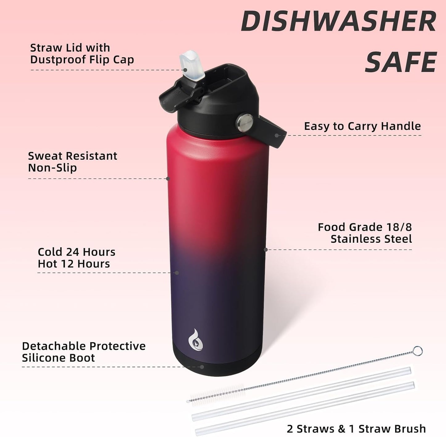 12oz Insulated Water Bottle, Stainless Steel Bottle with Straw Lid | Soft Silicone Nozzle, Keep Cold & Hot, Leak-Proof BPA-Free Metal Bottle with Flex Handle for Travel, Gym & Everyday Hydration