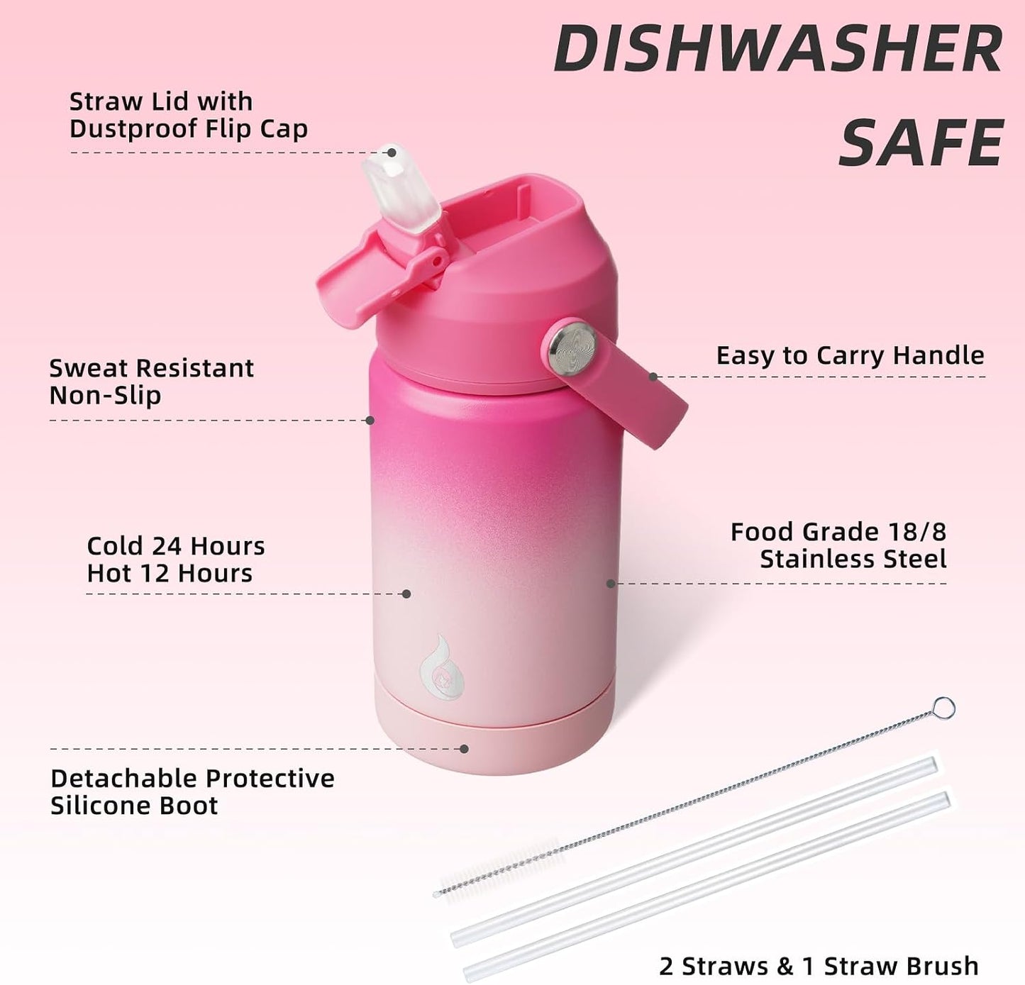 12oz Insulated Water Bottle, Stainless Steel Bottle with Straw Lid | Soft Silicone Nozzle, Keep Cold & Hot, Leak-Proof BPA-Free Metal Bottle with Flex Handle for Travel, Gym & Everyday Hydration
