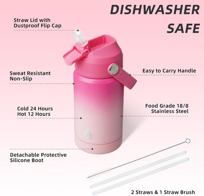 12oz Insulated Water Bottle, Stainless Steel Bottle with Straw Lid | Soft Silicone Nozzle, Keep Cold & Hot, Leak-Proof BPA-Free Metal Bottle with Flex Handle for Travel, Gym & Everyday Hydration