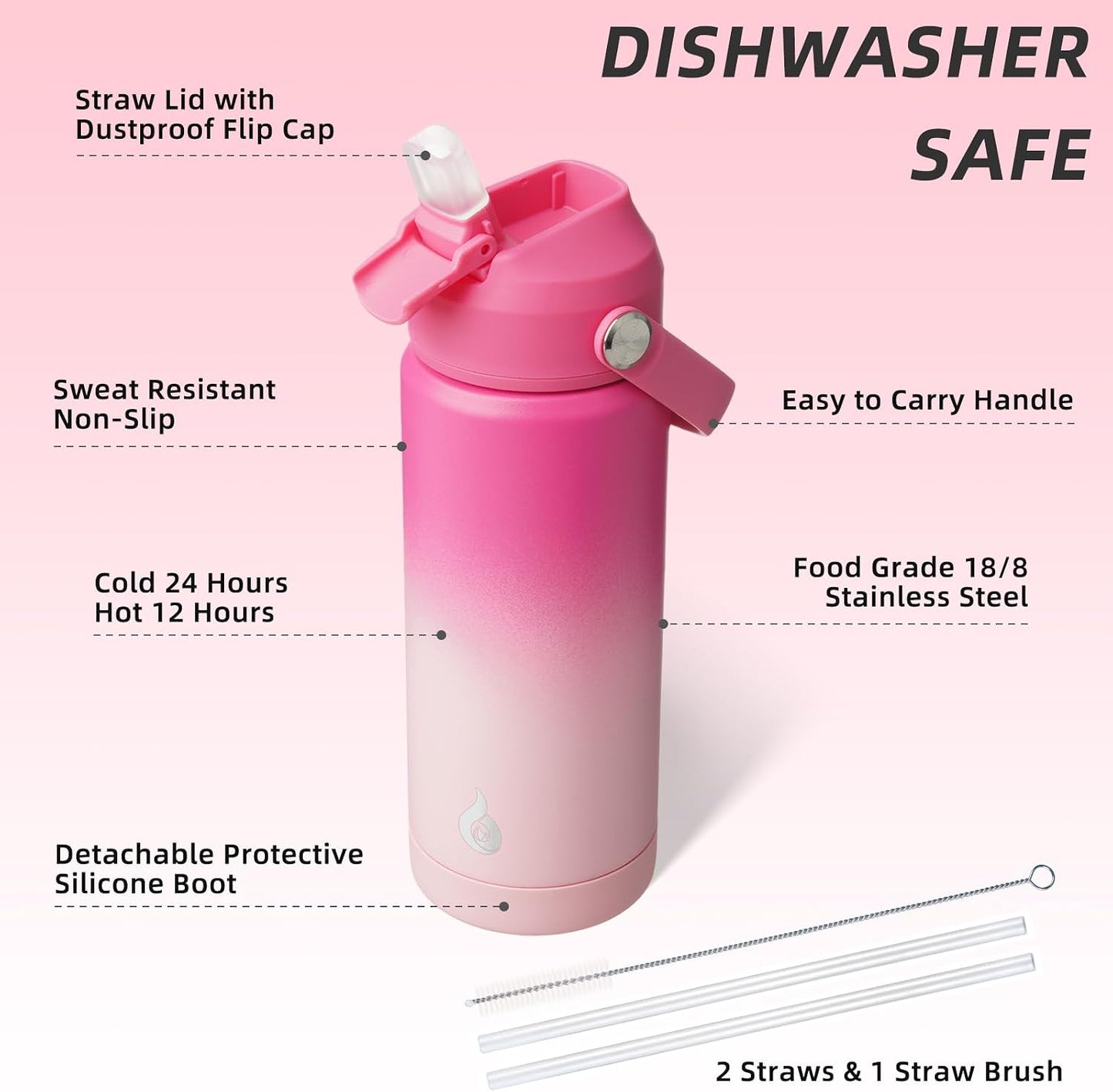12oz Insulated Water Bottle, Stainless Steel Bottle with Straw Lid | Soft Silicone Nozzle, Keep Cold & Hot, Leak-Proof BPA-Free Metal Bottle with Flex Handle for Travel, Gym & Everyday Hydration