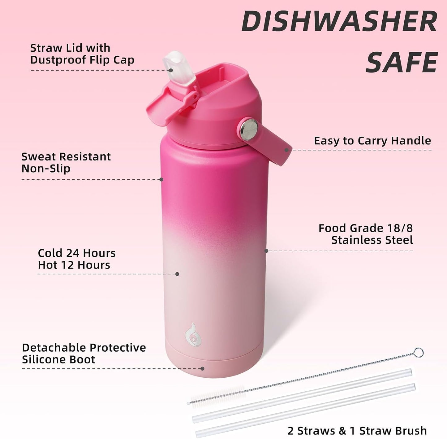 12oz Insulated Water Bottle, Stainless Steel Bottle with Straw Lid | Soft Silicone Nozzle, Keep Cold & Hot, Leak-Proof BPA-Free Metal Bottle with Flex Handle for Travel, Gym & Everyday Hydration