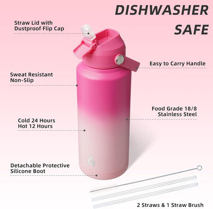 12oz Insulated Water Bottle, Stainless Steel Bottle with Straw Lid | Soft Silicone Nozzle, Keep Cold & Hot, Leak-Proof BPA-Free Metal Bottle with Flex Handle for Travel, Gym & Everyday Hydration