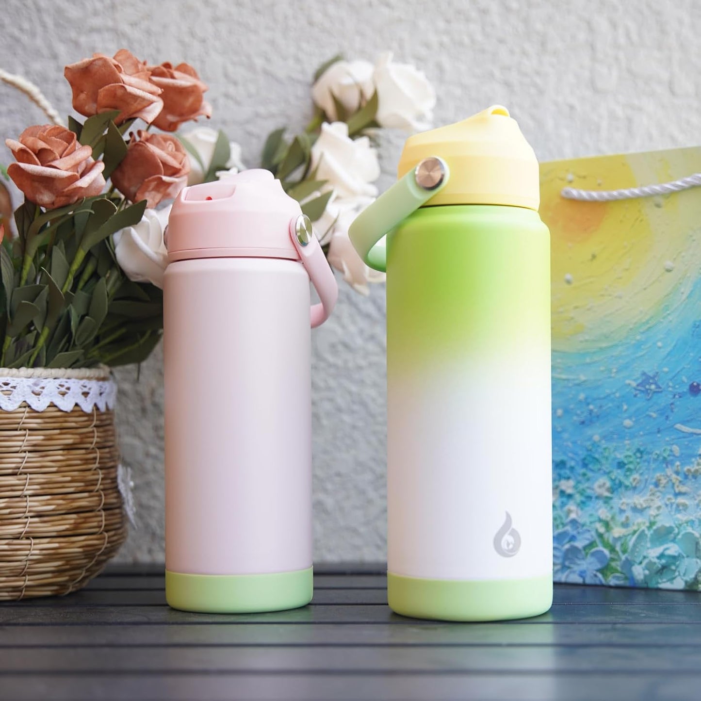 12oz Insulated Water Bottle, Stainless Steel Bottle with Straw Lid | Soft Silicone Nozzle, Keep Cold & Hot, Leak-Proof BPA-Free Metal Bottle with Flex Handle for Travel, Gym & Everyday Hydration