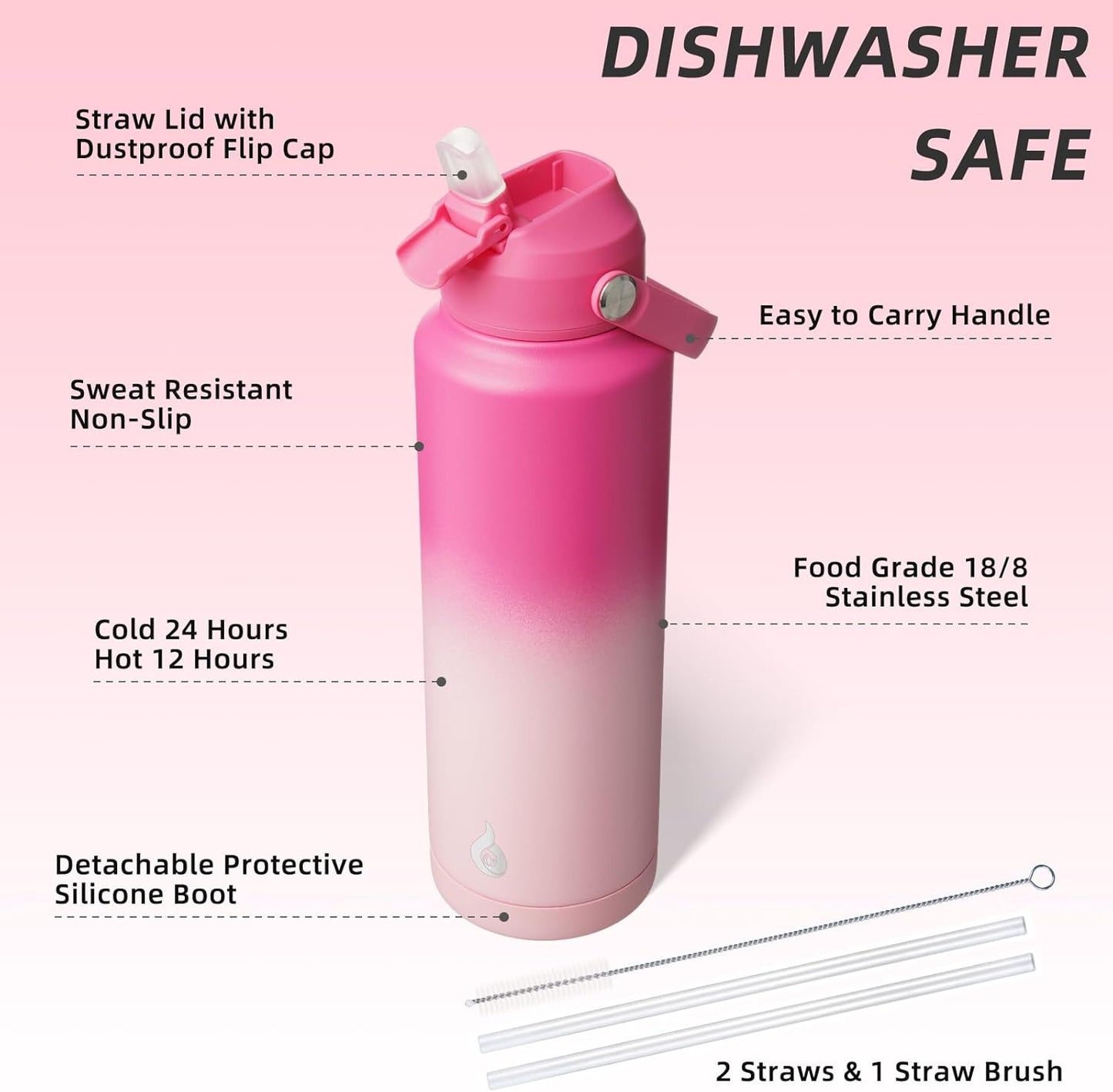 12oz Insulated Water Bottle, Stainless Steel Bottle with Straw Lid | Soft Silicone Nozzle, Keep Cold & Hot, Leak-Proof BPA-Free Metal Bottle with Flex Handle for Travel, Gym & Everyday Hydration