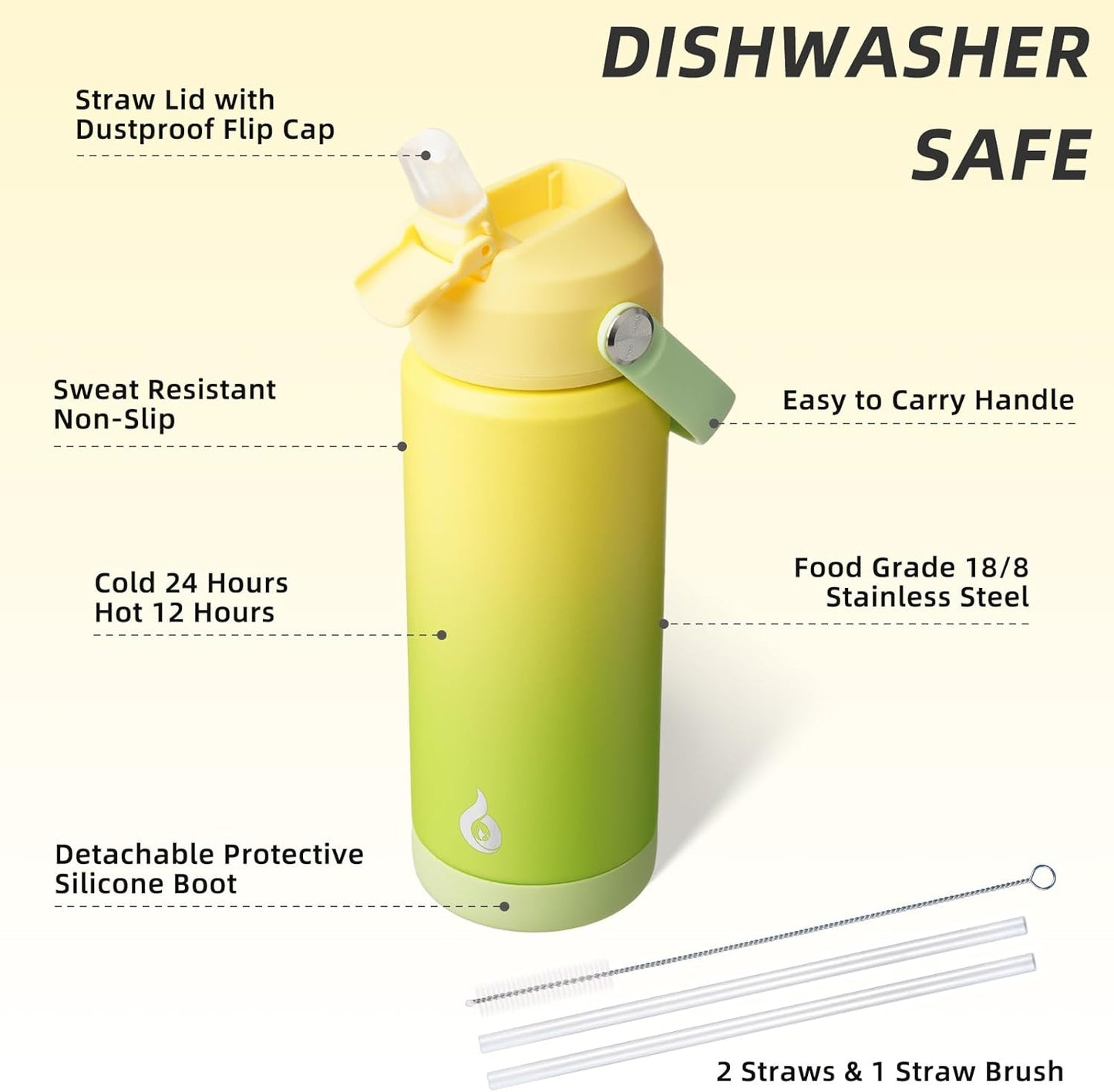 12oz Insulated Water Bottle, Stainless Steel Bottle with Straw Lid | Soft Silicone Nozzle, Keep Cold & Hot, Leak-Proof BPA-Free Metal Bottle with Flex Handle for Travel, Gym & Everyday Hydration