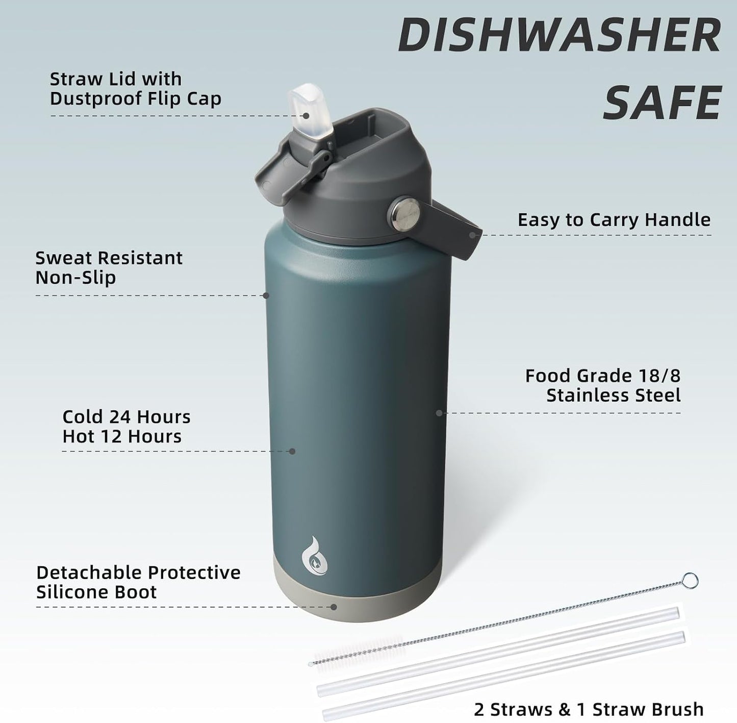 12oz Insulated Water Bottle, Stainless Steel Bottle with Straw Lid | Soft Silicone Nozzle, Keep Cold & Hot, Leak-Proof BPA-Free Metal Bottle with Flex Handle for Travel, Gym & Everyday Hydration