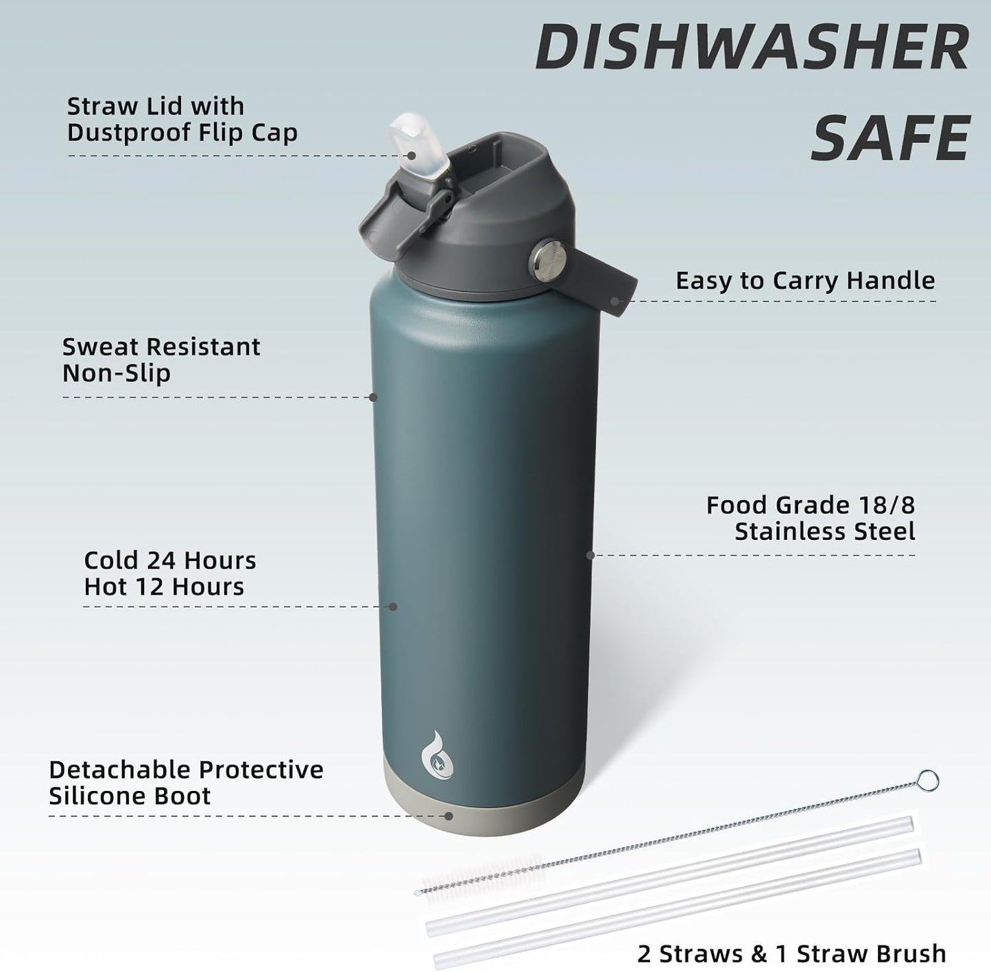 12oz Insulated Water Bottle, Stainless Steel Bottle with Straw Lid | Soft Silicone Nozzle, Keep Cold & Hot, Leak-Proof BPA-Free Metal Bottle with Flex Handle for Travel, Gym & Everyday Hydration