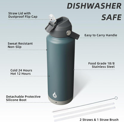 12oz Insulated Water Bottle, Stainless Steel Bottle with Straw Lid | Soft Silicone Nozzle, Keep Cold & Hot, Leak-Proof BPA-Free Metal Bottle with Flex Handle for Travel, Gym & Everyday Hydration