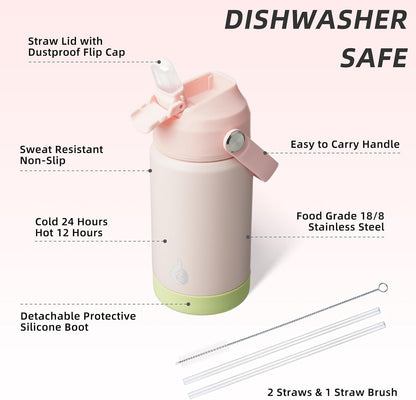 12oz Insulated Water Bottle, Stainless Steel Bottle with Straw Lid | Soft Silicone Nozzle, Keep Cold & Hot, Leak-Proof BPA-Free Metal Bottle with Flex Handle for Travel, Gym & Everyday Hydration