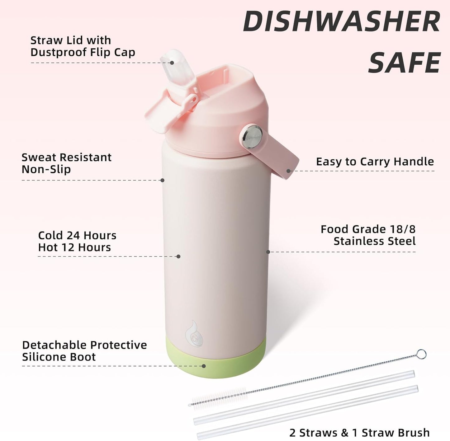12oz Insulated Water Bottle, Stainless Steel Bottle with Straw Lid | Soft Silicone Nozzle, Keep Cold & Hot, Leak-Proof BPA-Free Metal Bottle with Flex Handle for Travel, Gym & Everyday Hydration