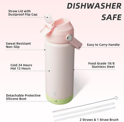 12oz Insulated Water Bottle, Stainless Steel Bottle with Straw Lid | Soft Silicone Nozzle, Keep Cold & Hot, Leak-Proof BPA-Free Metal Bottle with Flex Handle for Travel, Gym & Everyday Hydration