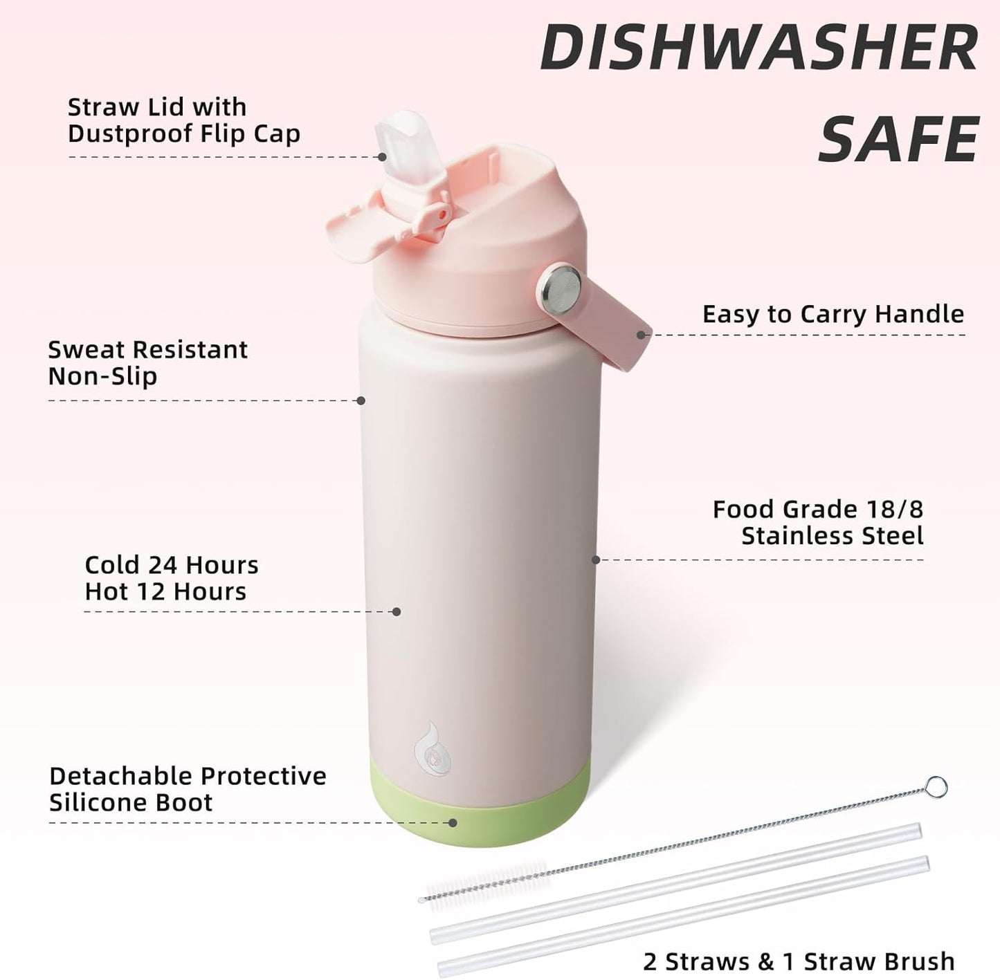 12oz Insulated Water Bottle, Stainless Steel Bottle with Straw Lid | Soft Silicone Nozzle, Keep Cold & Hot, Leak-Proof BPA-Free Metal Bottle with Flex Handle for Travel, Gym & Everyday Hydration