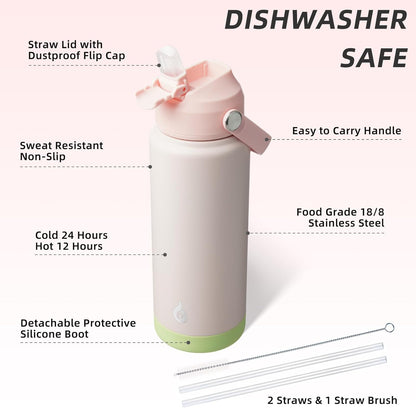 12oz Insulated Water Bottle, Stainless Steel Bottle with Straw Lid | Soft Silicone Nozzle, Keep Cold & Hot, Leak-Proof BPA-Free Metal Bottle with Flex Handle for Travel, Gym & Everyday Hydration