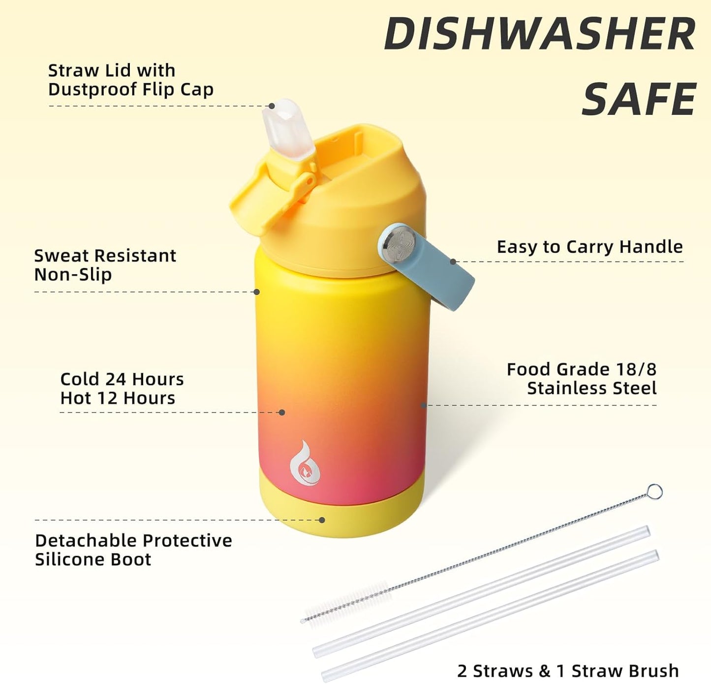 12oz Insulated Water Bottle, Stainless Steel Bottle with Straw Lid | Soft Silicone Nozzle, Keep Cold & Hot, Leak-Proof BPA-Free Metal Bottle with Flex Handle for Travel, Gym & Everyday Hydration
