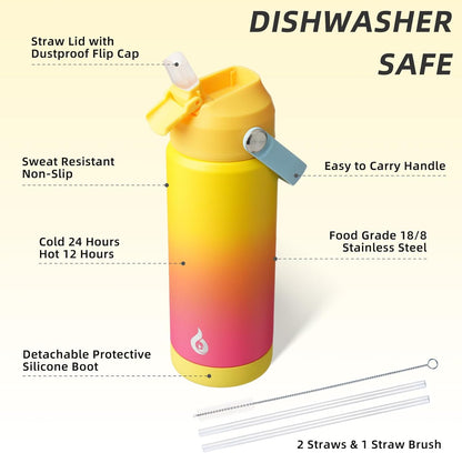 12oz Insulated Water Bottle, Stainless Steel Bottle with Straw Lid | Soft Silicone Nozzle, Keep Cold & Hot, Leak-Proof BPA-Free Metal Bottle with Flex Handle for Travel, Gym & Everyday Hydration