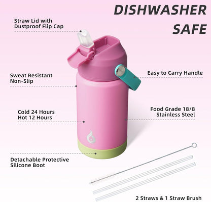 12oz Insulated Water Bottle, Stainless Steel Bottle with Straw Lid | Soft Silicone Nozzle, Keep Cold & Hot, Leak-Proof BPA-Free Metal Bottle with Flex Handle for Travel, Gym & Everyday Hydration
