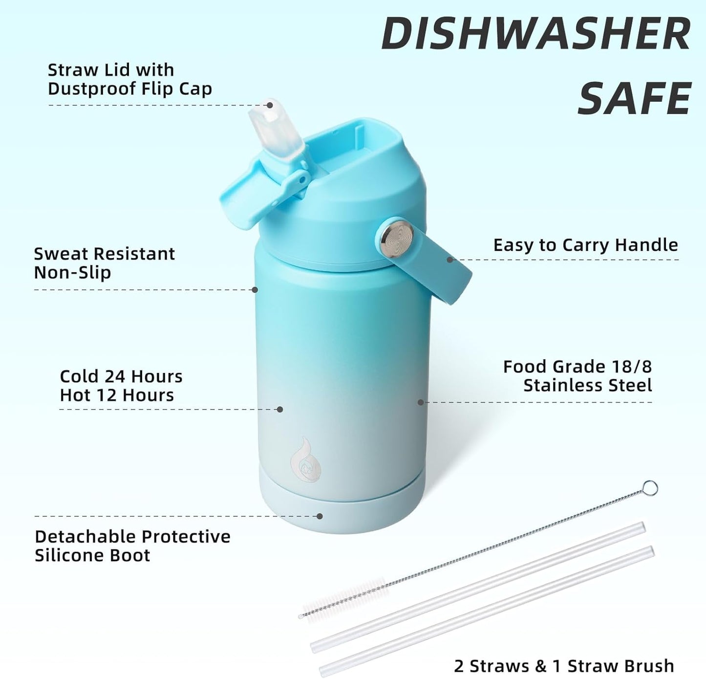 12oz Insulated Water Bottle, Stainless Steel Bottle with Straw Lid | Soft Silicone Nozzle, Keep Cold & Hot, Leak-Proof BPA-Free Metal Bottle with Flex Handle for Travel, Gym & Everyday Hydration