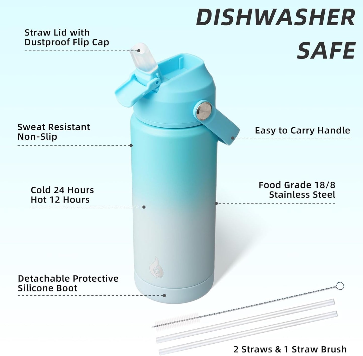 12oz Insulated Water Bottle, Stainless Steel Bottle with Straw Lid | Soft Silicone Nozzle, Keep Cold & Hot, Leak-Proof BPA-Free Metal Bottle with Flex Handle for Travel, Gym & Everyday Hydration