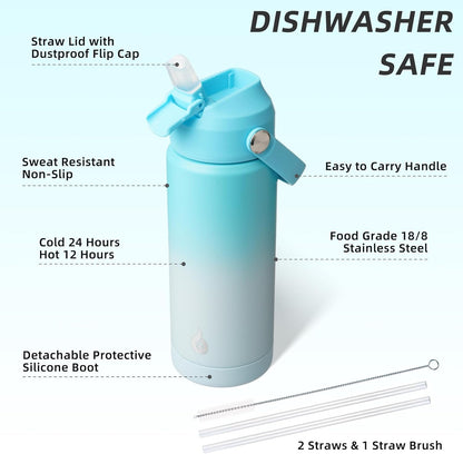 12oz Insulated Water Bottle, Stainless Steel Bottle with Straw Lid | Soft Silicone Nozzle, Keep Cold & Hot, Leak-Proof BPA-Free Metal Bottle with Flex Handle for Travel, Gym & Everyday Hydration
