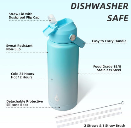 12oz Insulated Water Bottle, Stainless Steel Bottle with Straw Lid | Soft Silicone Nozzle, Keep Cold & Hot, Leak-Proof BPA-Free Metal Bottle with Flex Handle for Travel, Gym & Everyday Hydration