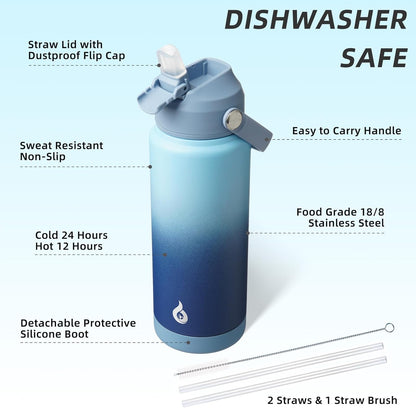 12oz Insulated Water Bottle, Stainless Steel Bottle with Straw Lid | Soft Silicone Nozzle, Keep Cold & Hot, Leak-Proof BPA-Free Metal Bottle with Flex Handle for Travel, Gym & Everyday Hydration
