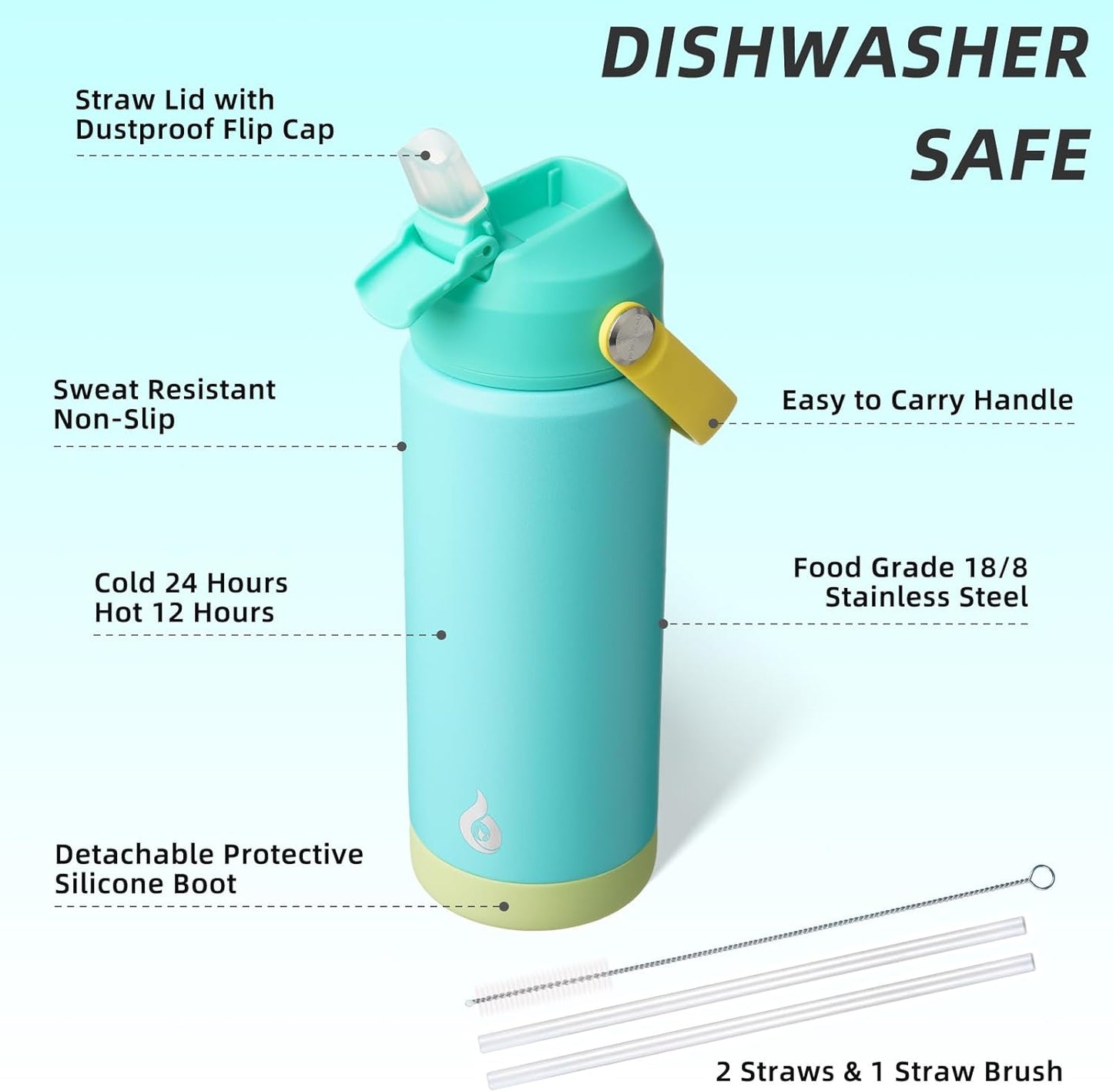 12oz Insulated Water Bottle, Stainless Steel Bottle with Straw Lid | Soft Silicone Nozzle, Keep Cold & Hot, Leak-Proof BPA-Free Metal Bottle with Flex Handle for Travel, Gym & Everyday Hydration