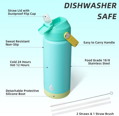 12oz Insulated Water Bottle, Stainless Steel Bottle with Straw Lid | Soft Silicone Nozzle, Keep Cold & Hot, Leak-Proof BPA-Free Metal Bottle with Flex Handle for Travel, Gym & Everyday Hydration