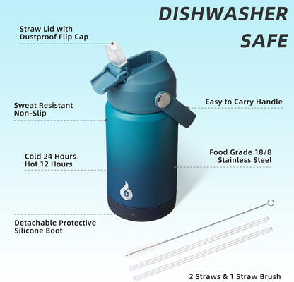 12oz Insulated Water Bottle, Stainless Steel Bottle with Straw Lid | Soft Silicone Nozzle, Keep Cold & Hot, Leak-Proof BPA-Free Metal Bottle with Flex Handle for Travel, Gym & Everyday Hydration