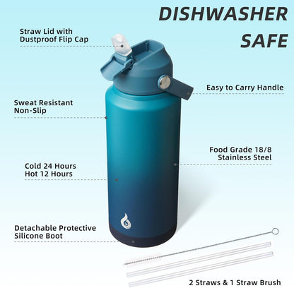12oz Insulated Water Bottle, Stainless Steel Bottle with Straw Lid | Soft Silicone Nozzle, Keep Cold & Hot, Leak-Proof BPA-Free Metal Bottle with Flex Handle for Travel, Gym & Everyday Hydration
