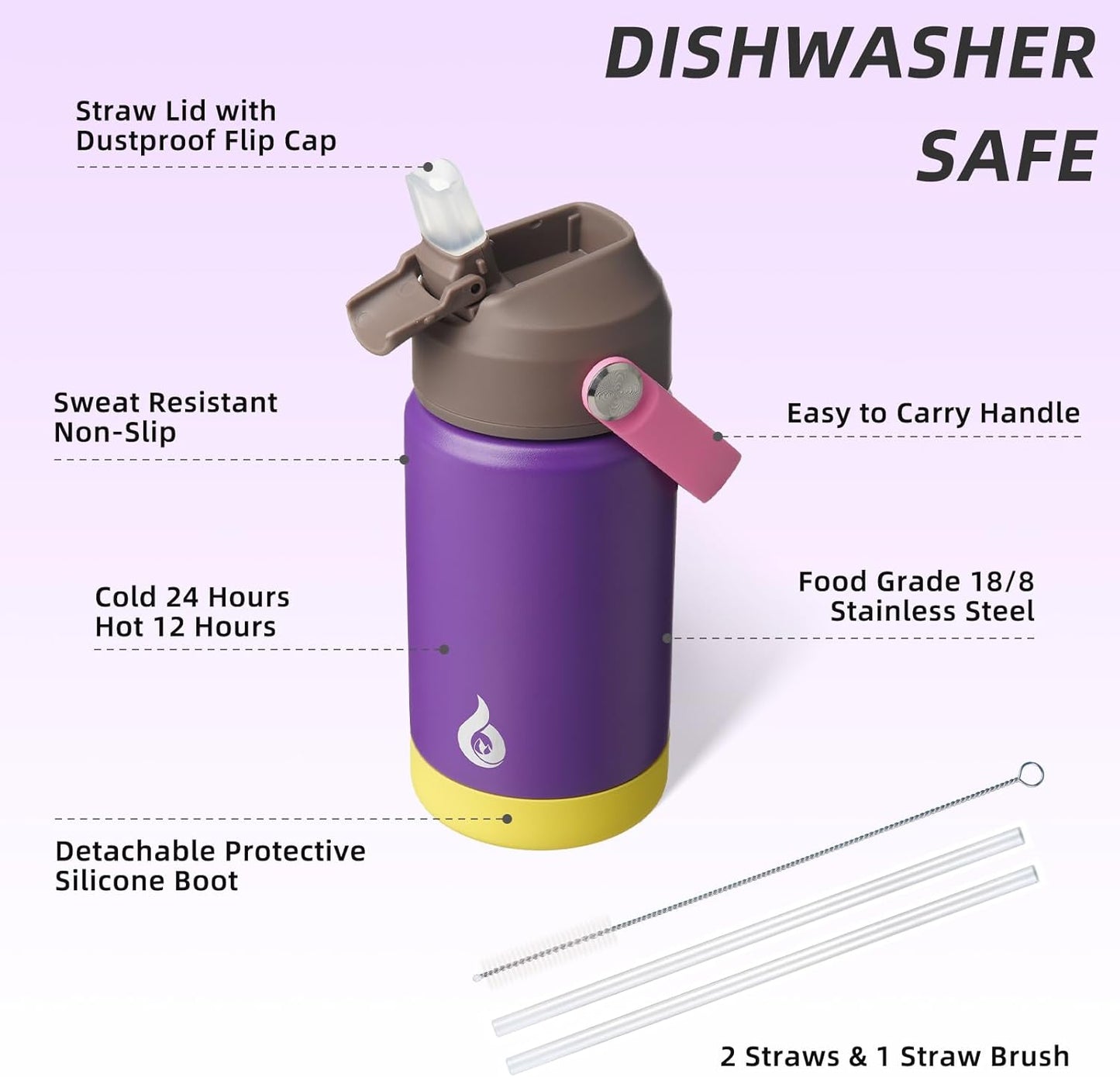 12oz Insulated Water Bottle, Stainless Steel Bottle with Straw Lid | Soft Silicone Nozzle, Keep Cold & Hot, Leak-Proof BPA-Free Metal Bottle with Flex Handle for Travel, Gym & Everyday Hydration