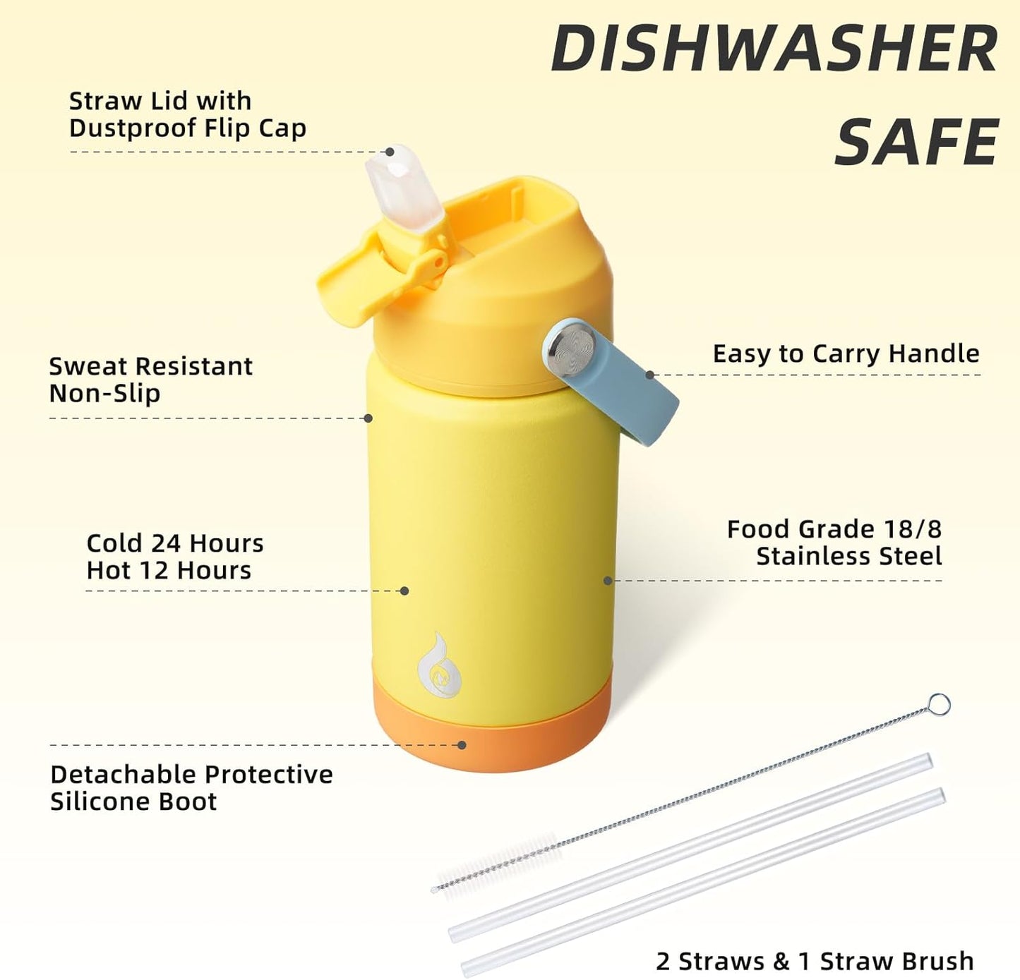 12oz Insulated Water Bottle, Stainless Steel Bottle with Straw Lid | Soft Silicone Nozzle, Keep Cold & Hot, Leak-Proof BPA-Free Metal Bottle with Flex Handle for Travel, Gym & Everyday Hydration
