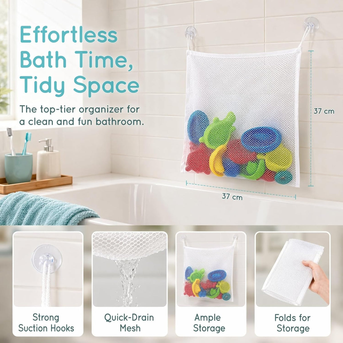 Bath Toy Storage Bag with Strong Hook Mesh Organizer for Kids Tub Toys Bathroom Storage 14.6 Inch Drainable Toy Container