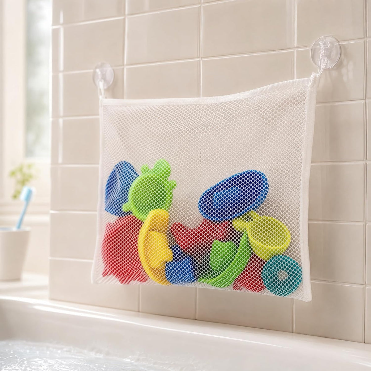 Bath Toy Storage Bag with Strong Hook Mesh Organizer for Kids Tub Toys Bathroom Storage 14.6 Inch Drainable Toy Container