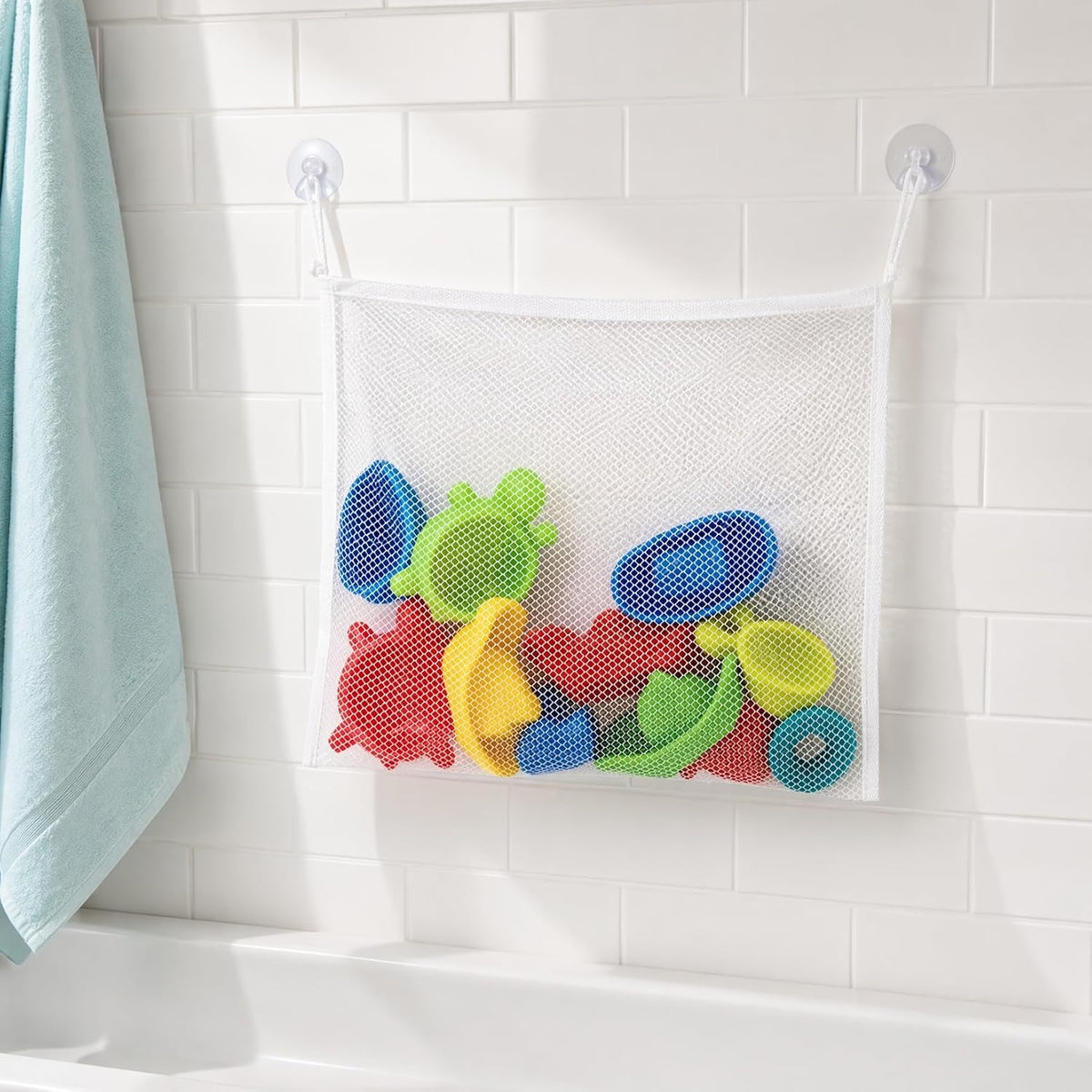 Bath Toy Storage Bag with Strong Hook Mesh Organizer for Kids Tub Toys Bathroom Storage 14.6 Inch Drainable Toy Container