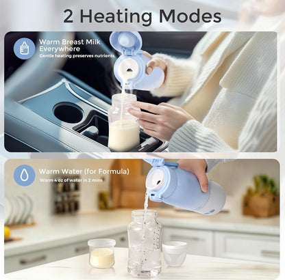 Portable Bottle Warmer for Travel, Dual Heating Modes for Breastmilk & Water, Portable Bottle Milk Warmer with Fast Heating & Long Battery Life, 12 Ounces Large Capacity (Blue)