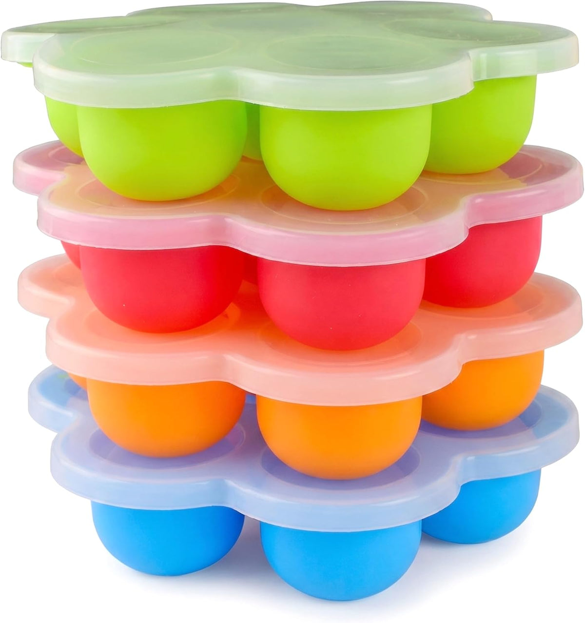 Baby Puree Freezing Tray 4 Pack Baby Ice Cube Tray with Lid, Food-Grade Silicone Icecube Trays for Freezer 7-Compartment Freezer Trays for Puree, Red, Orange, Blue, Green (1.85in Each Grid)