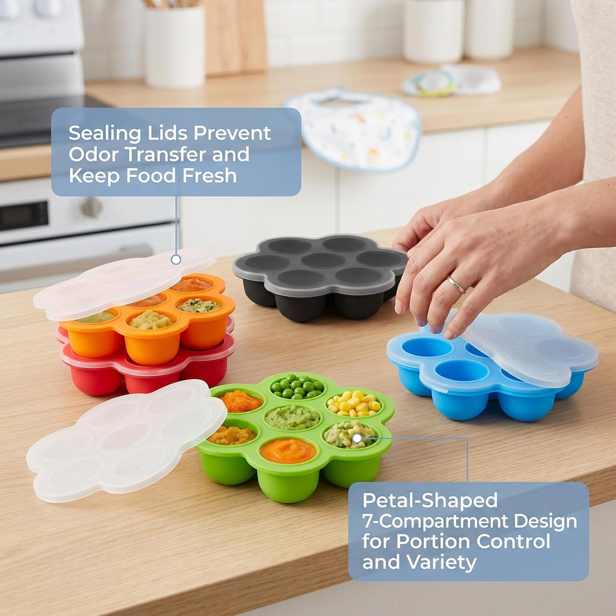 Baby Puree Freezing Tray 4 Pack Baby Ice Cube Tray with Lid, Food-Grade Silicone Icecube Trays for Freezer 7-Compartment Freezer Trays for Puree, Red, Orange, Blue, Green (1.85in Each Grid)