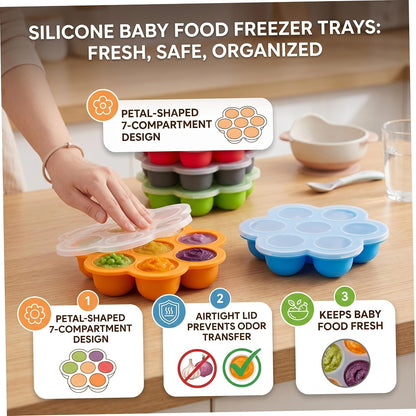 Baby Puree Freezing Tray 4 Pack Baby Ice Cube Tray with Lid, Food-Grade Silicone Icecube Trays for Freezer 7-Compartment Freezer Trays for Puree, Red, Orange, Blue, Green (1.85in Each Grid)