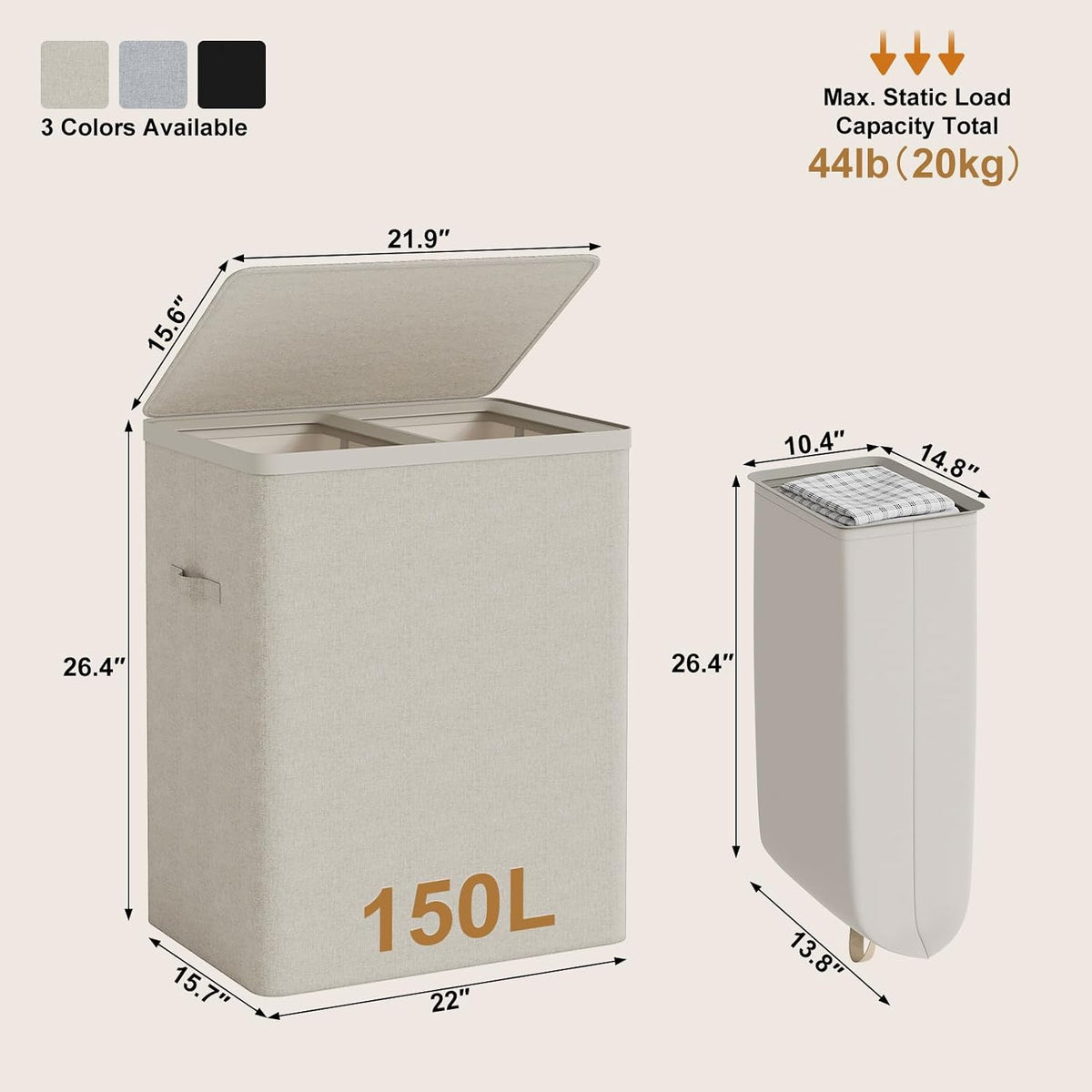 Double Laundry Hamper with Lid, 150L Large Laundry Basket 2 Compartments