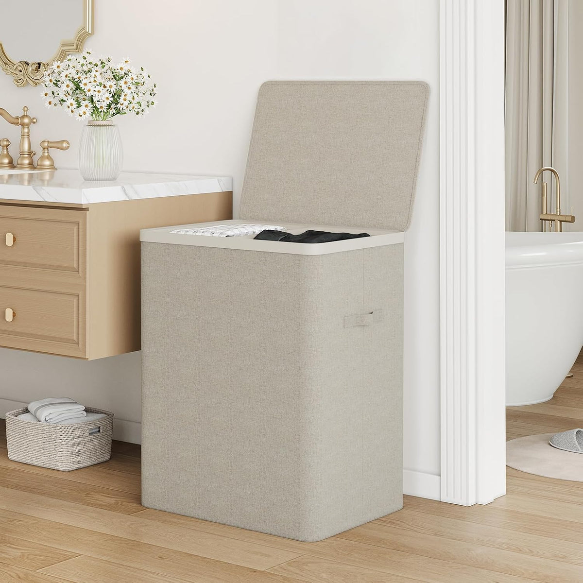 Double Laundry Hamper with Lid, 150L Large Laundry Basket 2 Compartments