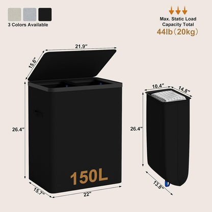 Double Laundry Hamper with Lid, 150L Large Laundry Basket 2 Compartments