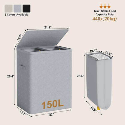 Double Laundry Hamper with Lid, 150L Large Laundry Basket 2 Compartments