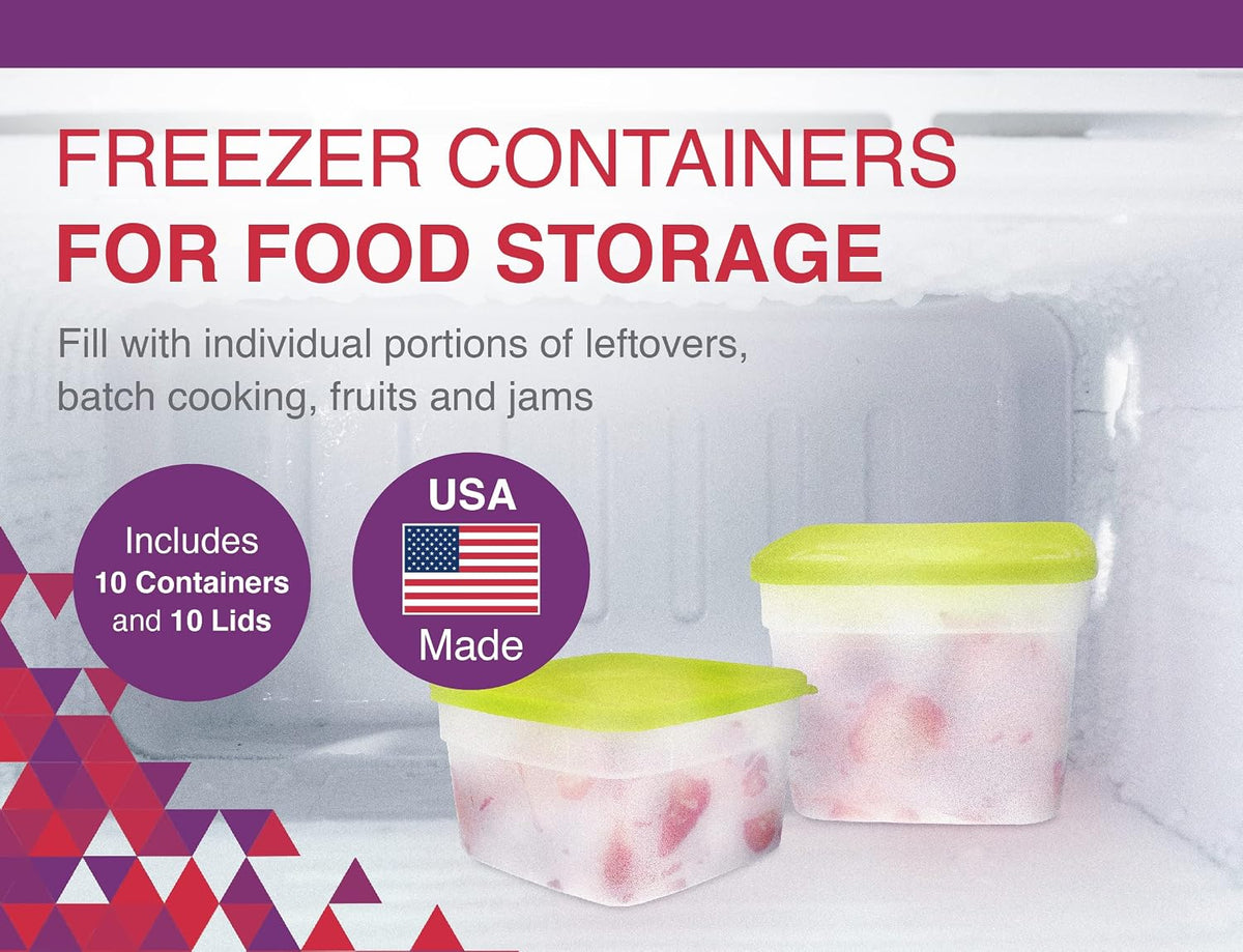 Arrow Freezer Containers, 1 Pint - 10 pk with Lids - Reusable Plastic Food Storage - Prep, Store, Freeze - BPA Free - Dishwasher Safe