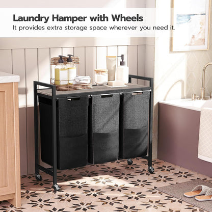Laundry Sorter 3 Section, Laundry Hamper with Wheels, 3 × 11.5 Gal (43.4L), Rolling Laundry Basket, Pull-Out and Removable Oxford Fabric Bags, White WG76XY01