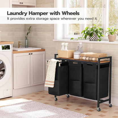 Laundry Sorter 3 Section, Laundry Hamper with Wheels, 3 × 11.5 Gal (43.4L), Rolling Laundry Basket, Pull-Out and Removable Oxford Fabric Bags, White WG76XY01
