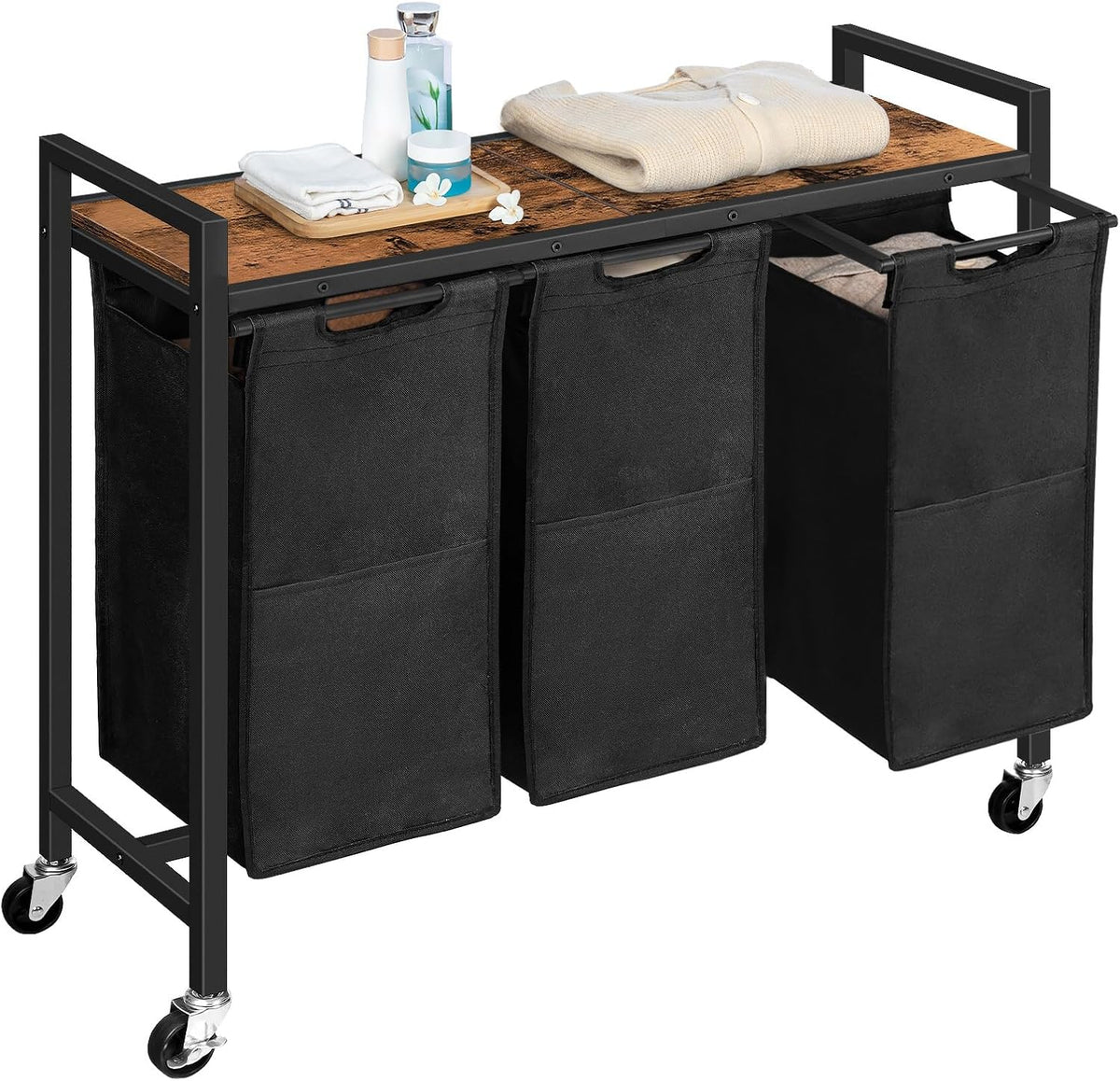 Laundry Sorter 3 Section, Laundry Hamper with Wheels, 3 × 11.5 Gal (43.4L), Rolling Laundry Basket, Pull-Out and Removable Oxford Fabric Bags, White WG76XY01